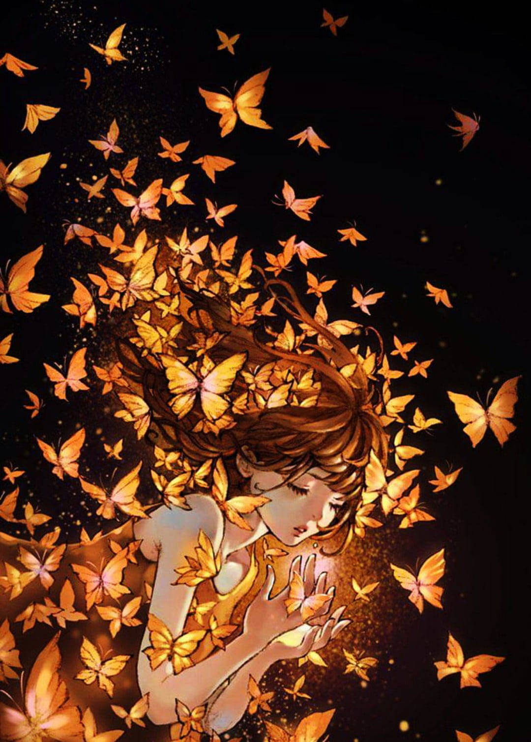 Aesthetic Orange Butterfly Around A Girl Wallpaper