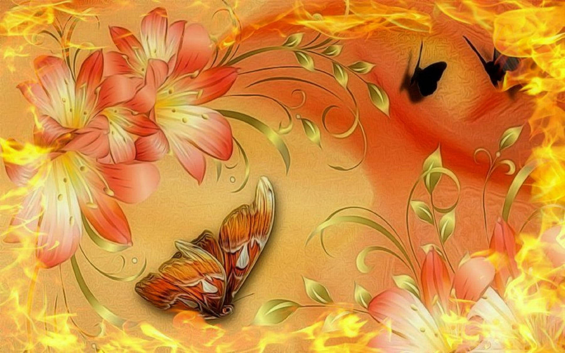 Aesthetic Orange Butterfly Ringed With Fire Wallpaper