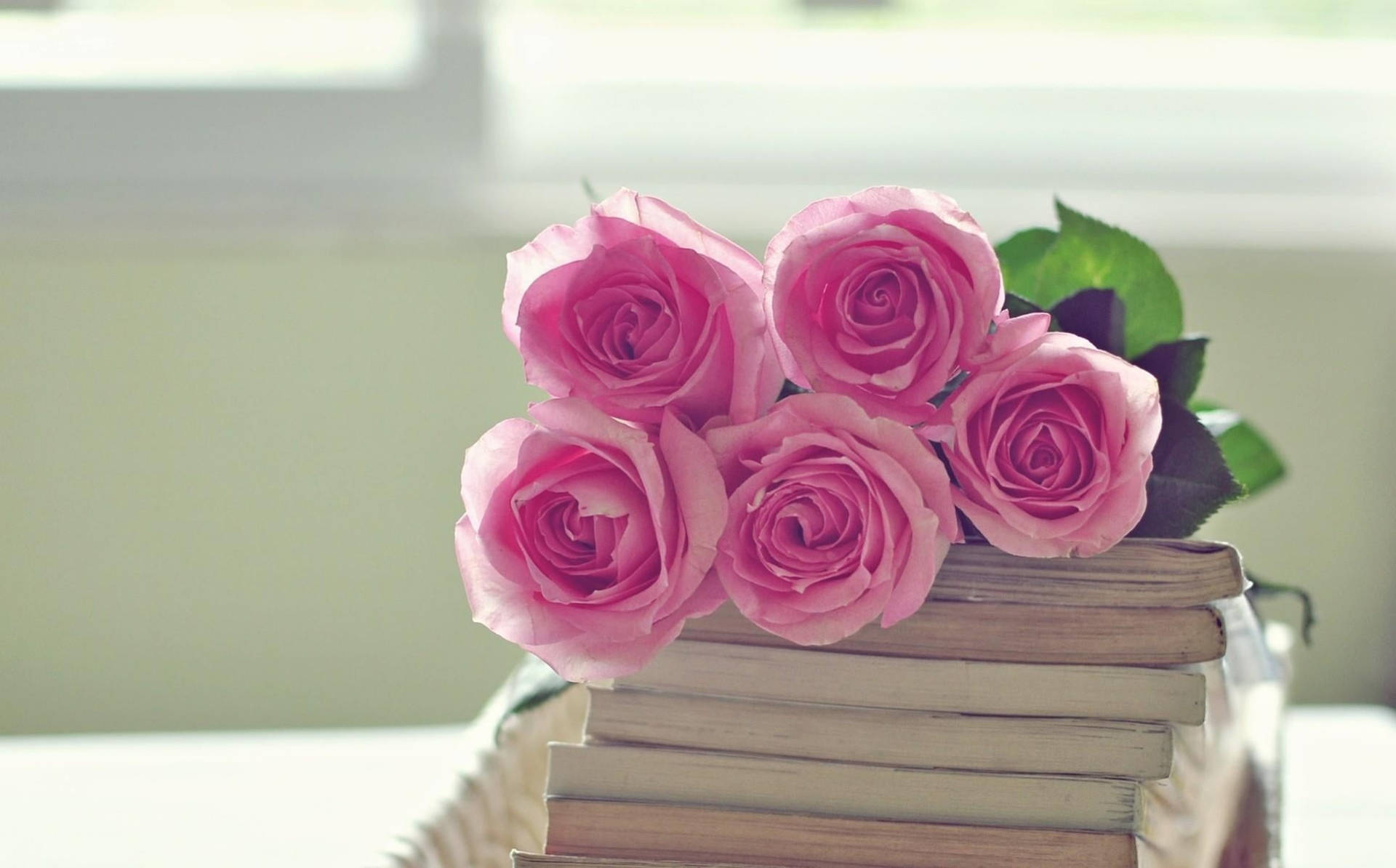 Aesthetic Photo Of Pink Roses And Books Wallpaper