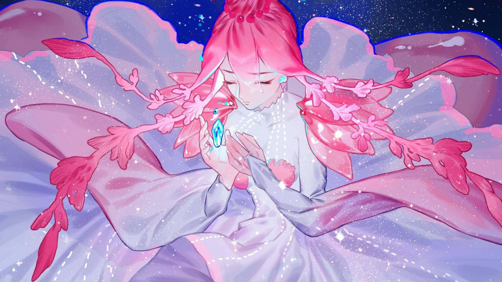 Einpinkfarbenes Anime-mädchen Mit Langen Haaren Und Pinken Blumen