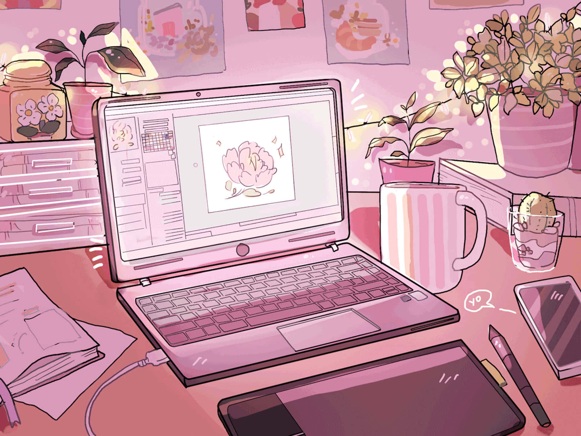 A Laptop On A Desk With A Flower On It
