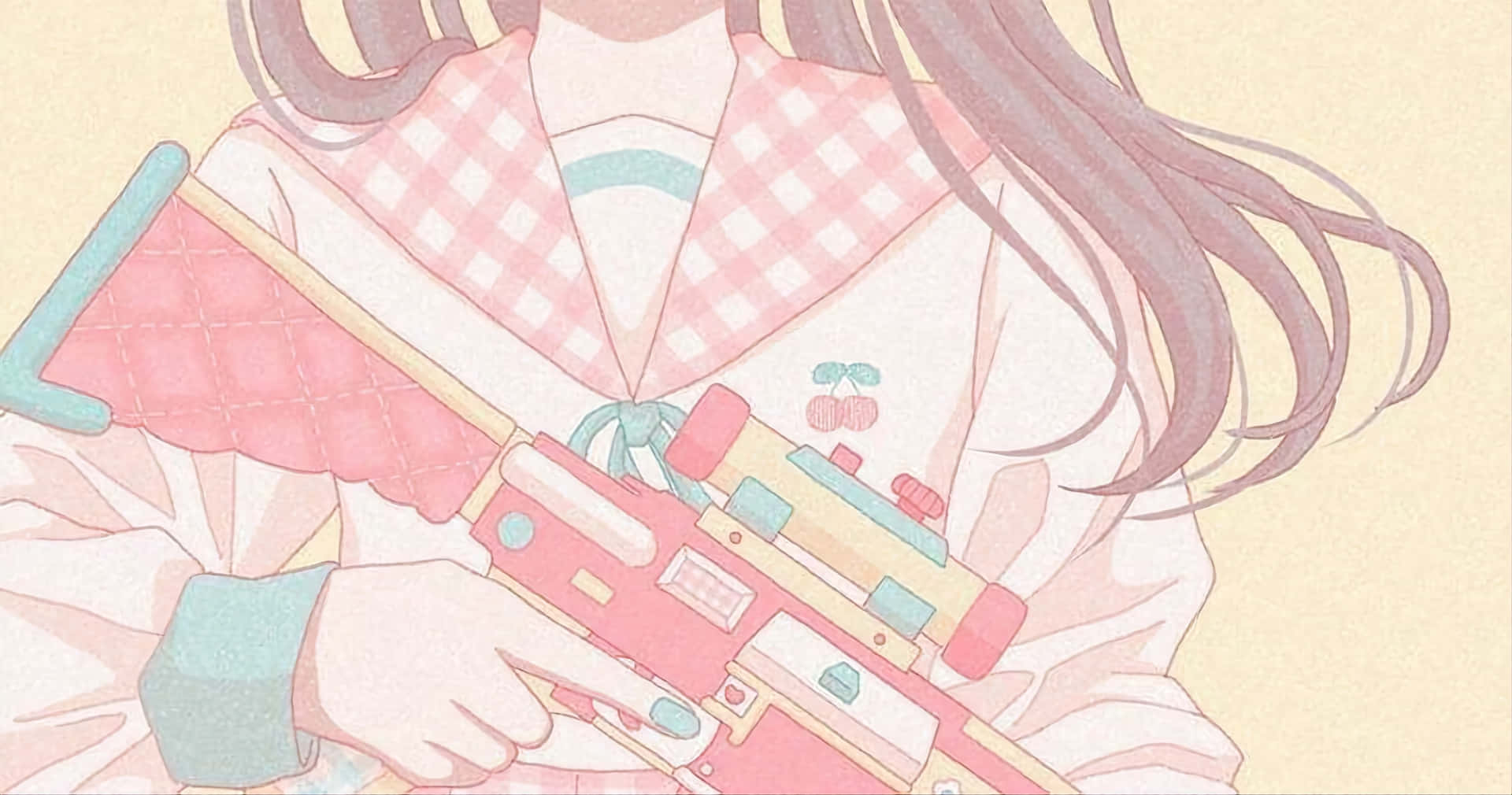 A Girl Holding A Gun With Pink And Blue Stripes