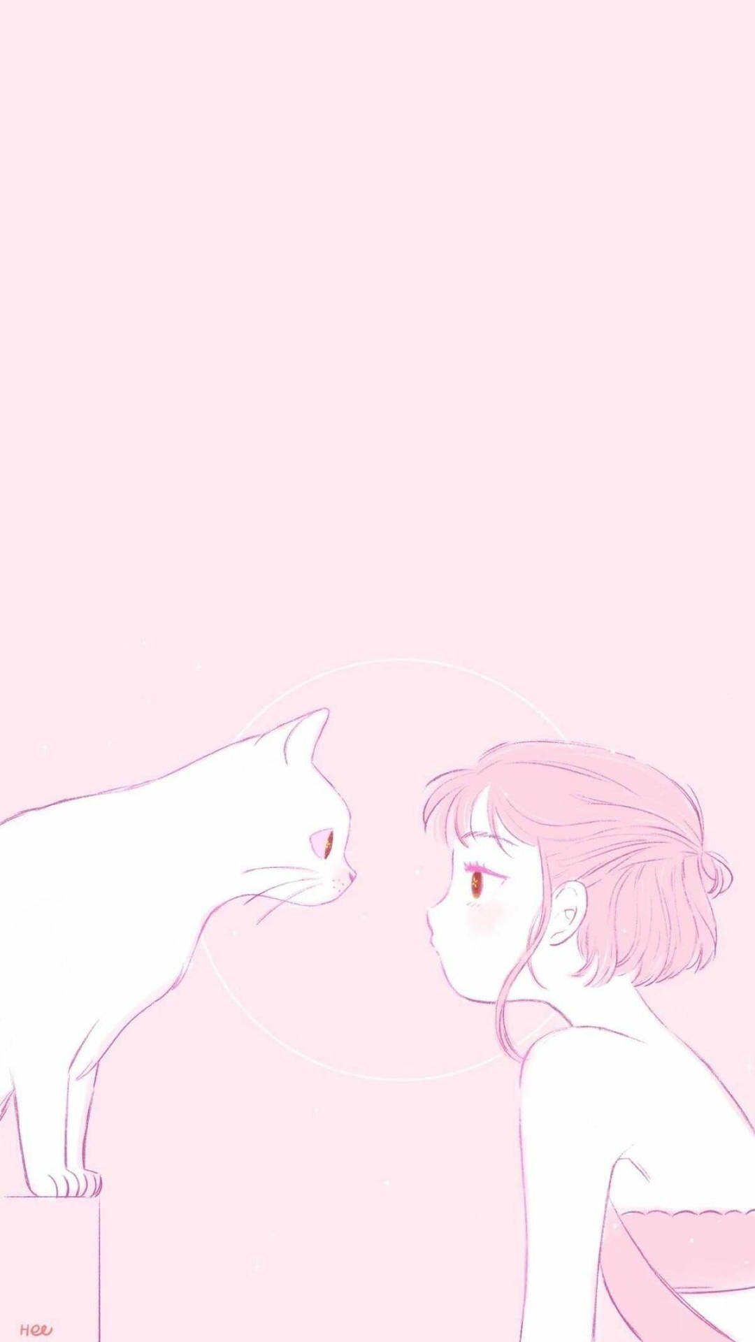 Æstetisk lyserød anime kat og ejer. Wallpaper