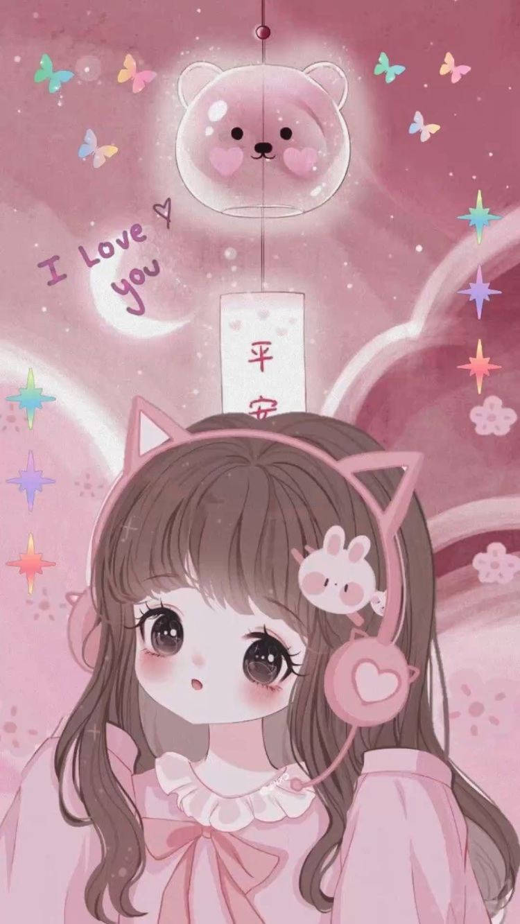 Aesthetic Pink Anime Girl Cat Headphones Wallpaper