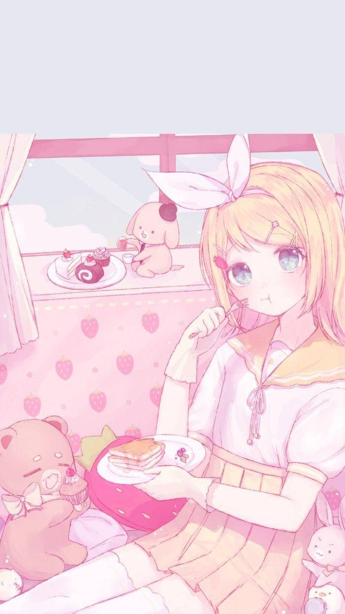 Aesthetic Pink Anime Girl Eating With Pets Wallpaper