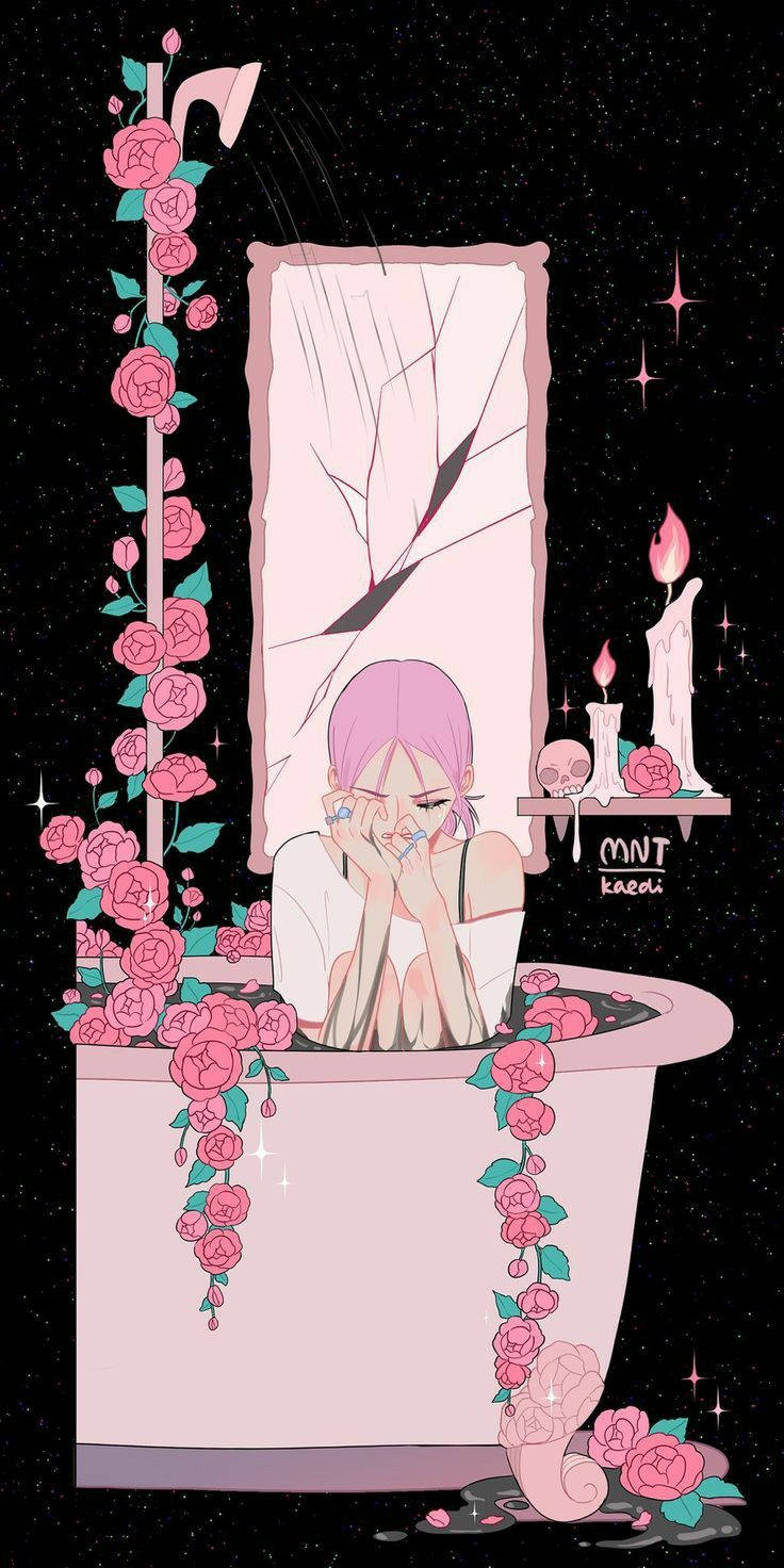 Aesthetic Pink Anime Girl On Bathtub Wallpaper
