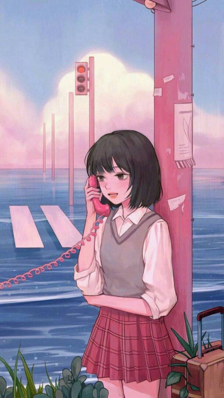Aesthetic Pink Anime Girl On Telephone Wallpaper