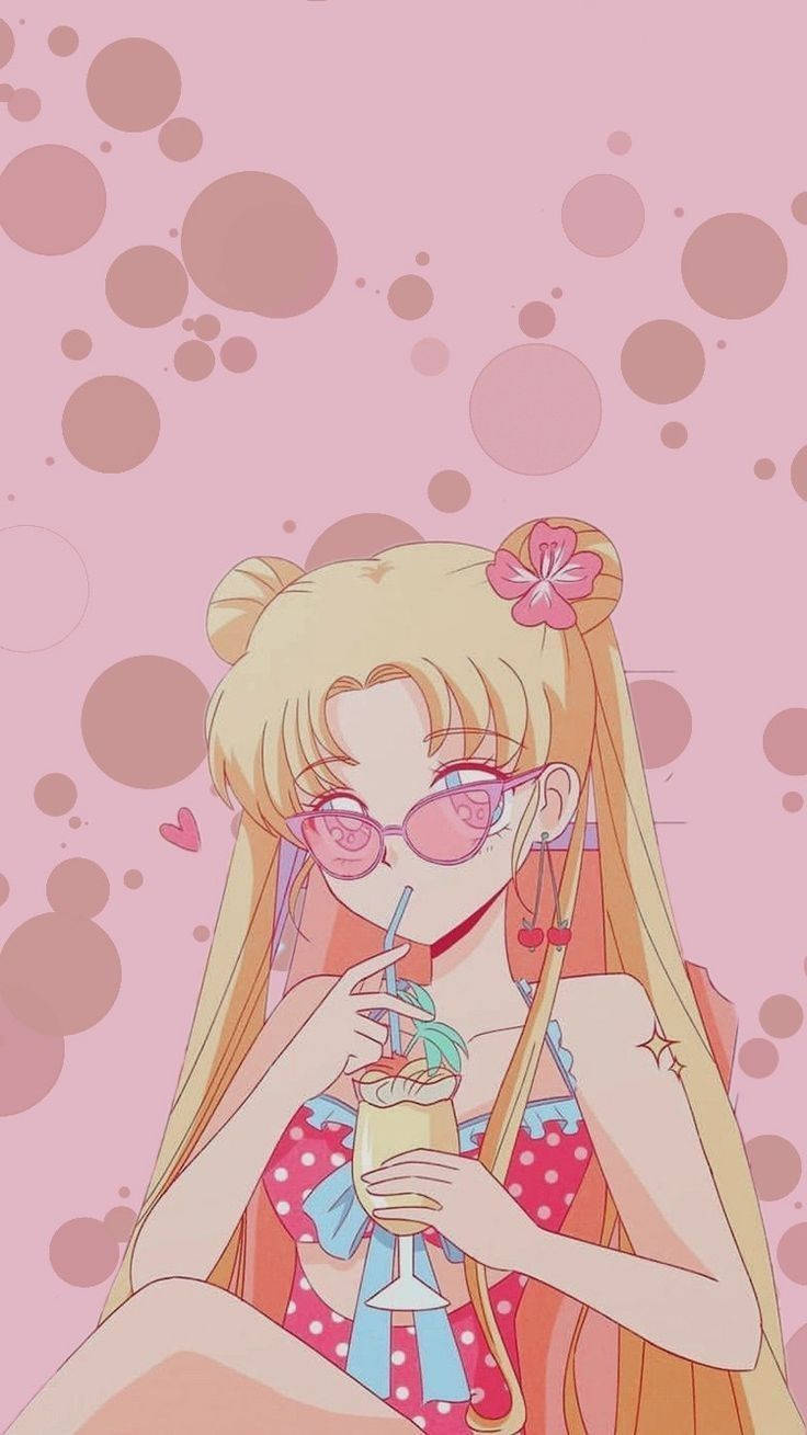 Estetisk pink anime Sailor Moon drikker te Wallpaper
