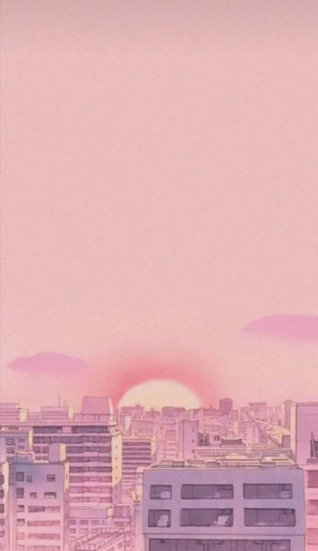 Ästhetischerrosa Anime Sonnenuntergang Mit Skyline Wallpaper