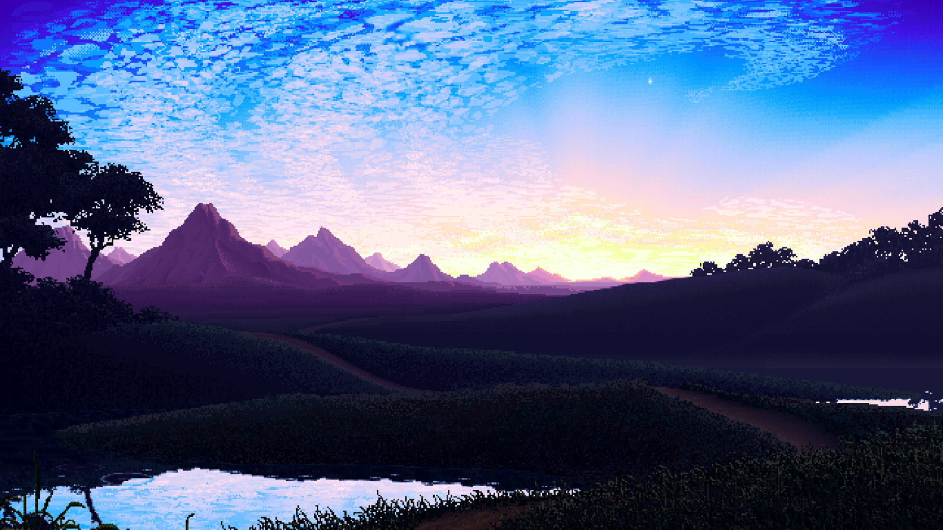 Montañascon Cielo Despejado. Estética De Arte De Píxeles En Alta Definición. Fondo de pantalla