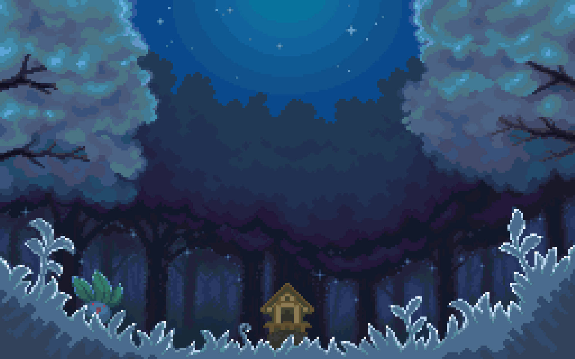 Pixel Art Of A Forest With A House And Trees Wallpaper
