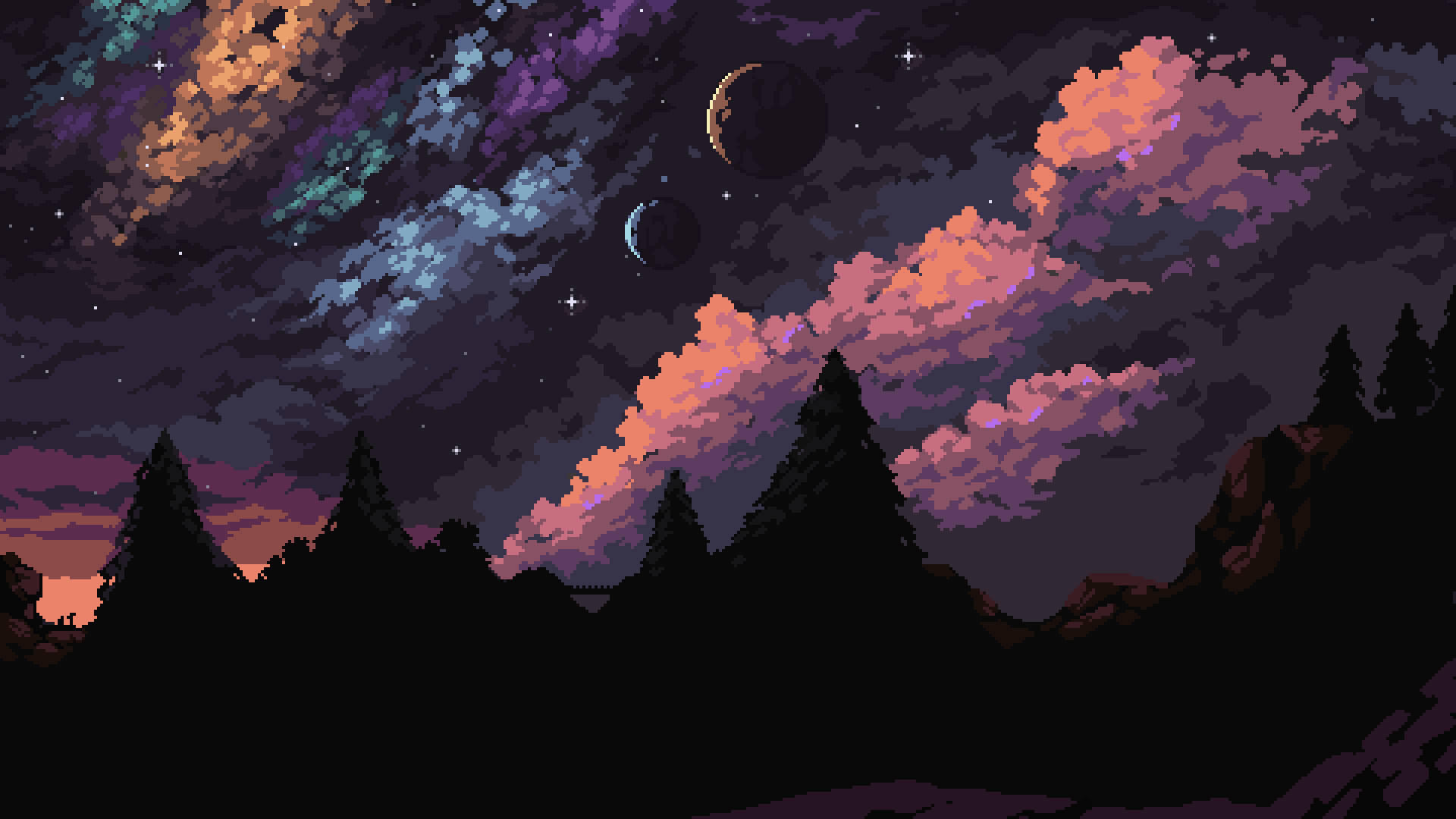 Aesthetic Pixel Art Of Planets At Night Wallpaper