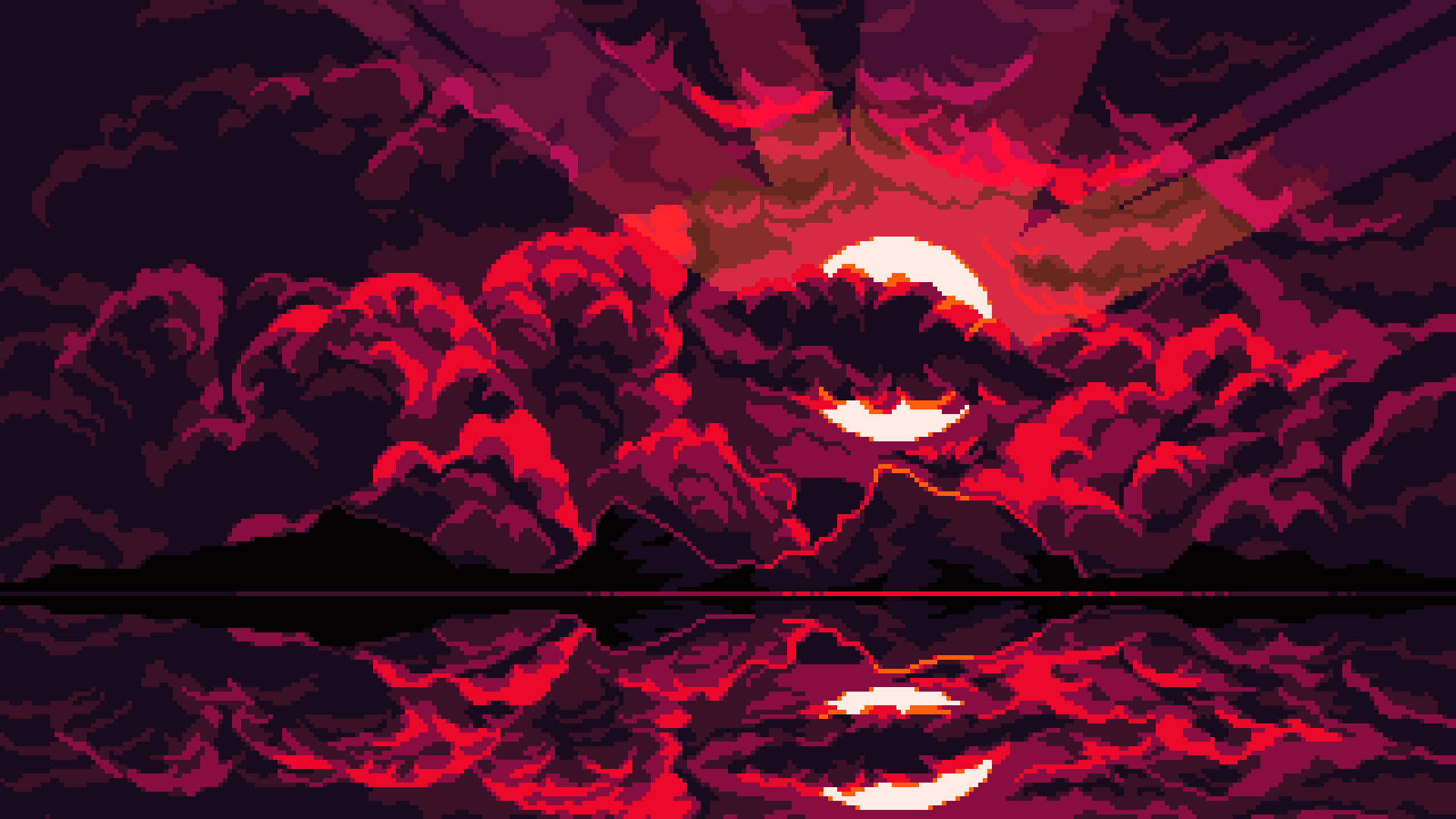 Aesthetic Pixel Art Red Sun And Clouds Wallpaper