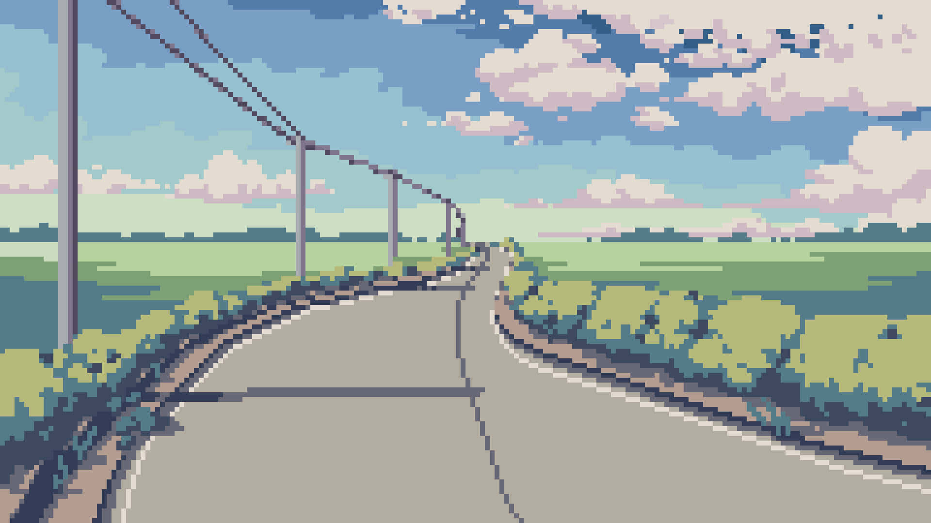 Pixel Art Of A Road With Trees And Grass