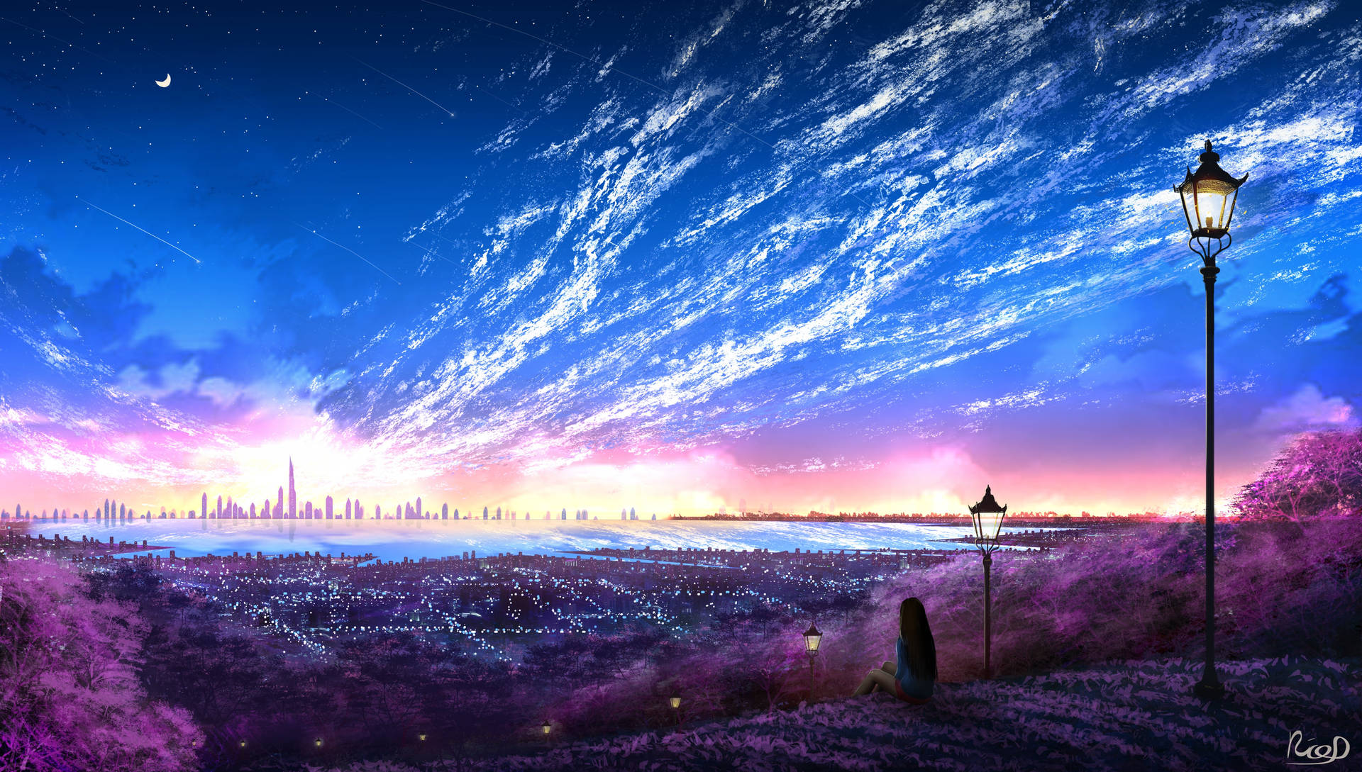 1360x768px | free download | HD wallpaper: picture-in-picture, anime girls,  city, urban, night, stars | Wallpaper Flare