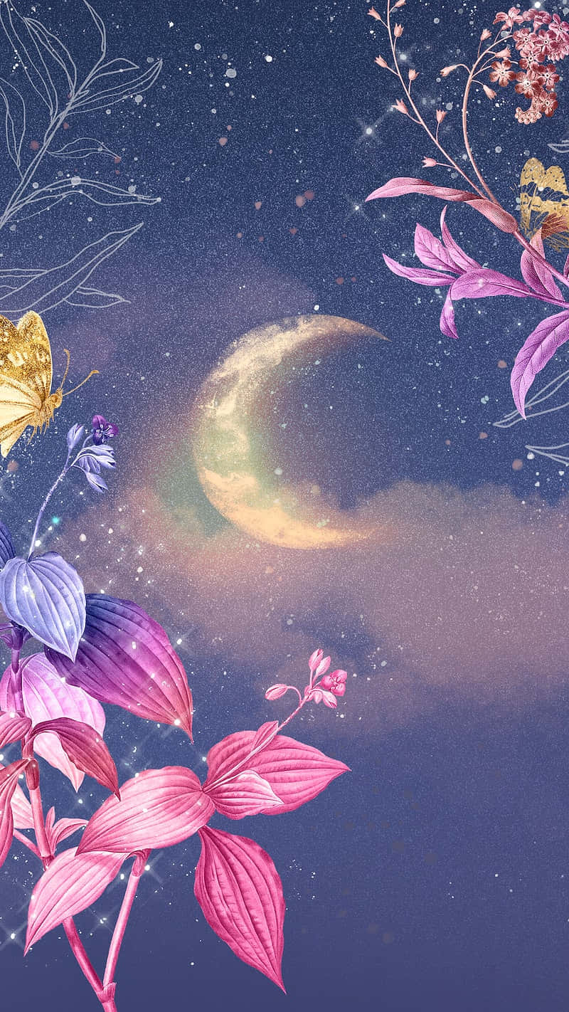 Moon Sky Floral Aesthetic Purple Background Illustration Background