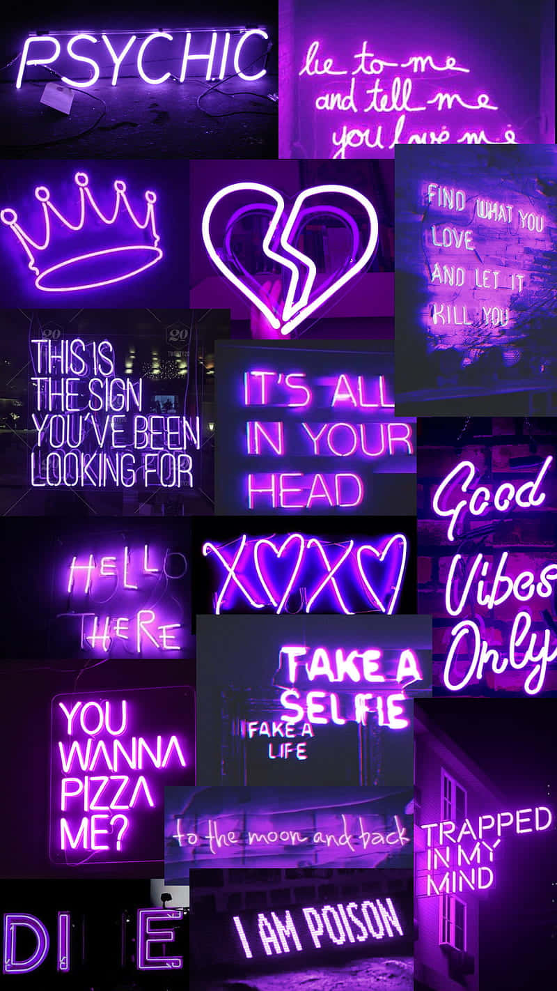 Led Light Signs Collage Aesthetic Purple Background