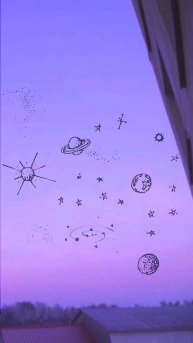 Planets Line Art With Aesthetic Purple Background
