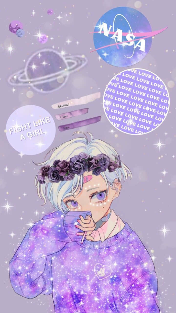 Cute Anime Girl Aesthetic Purple Digital Illustration Background