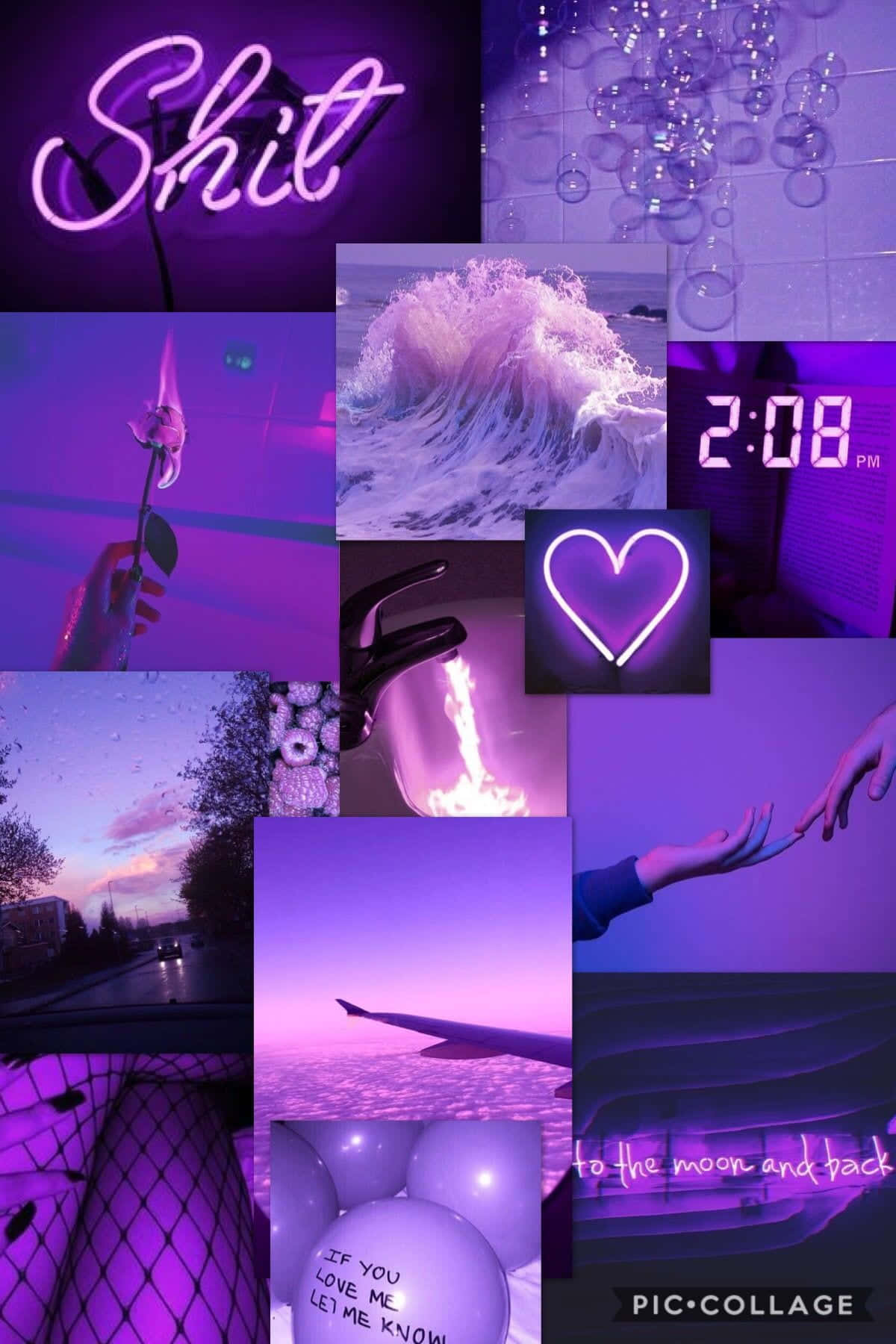 Einecollage Von Fotos Mit Violetten Lichtern Und Einer Uhr Wallpaper