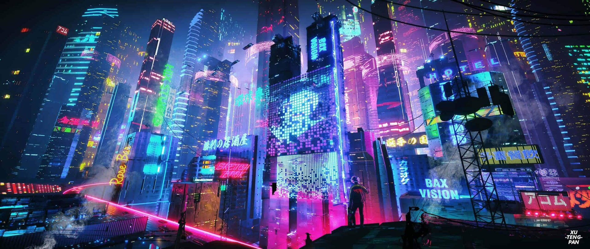 Aesthetic Purple Neon Computer View Of Megacity Wallpaper