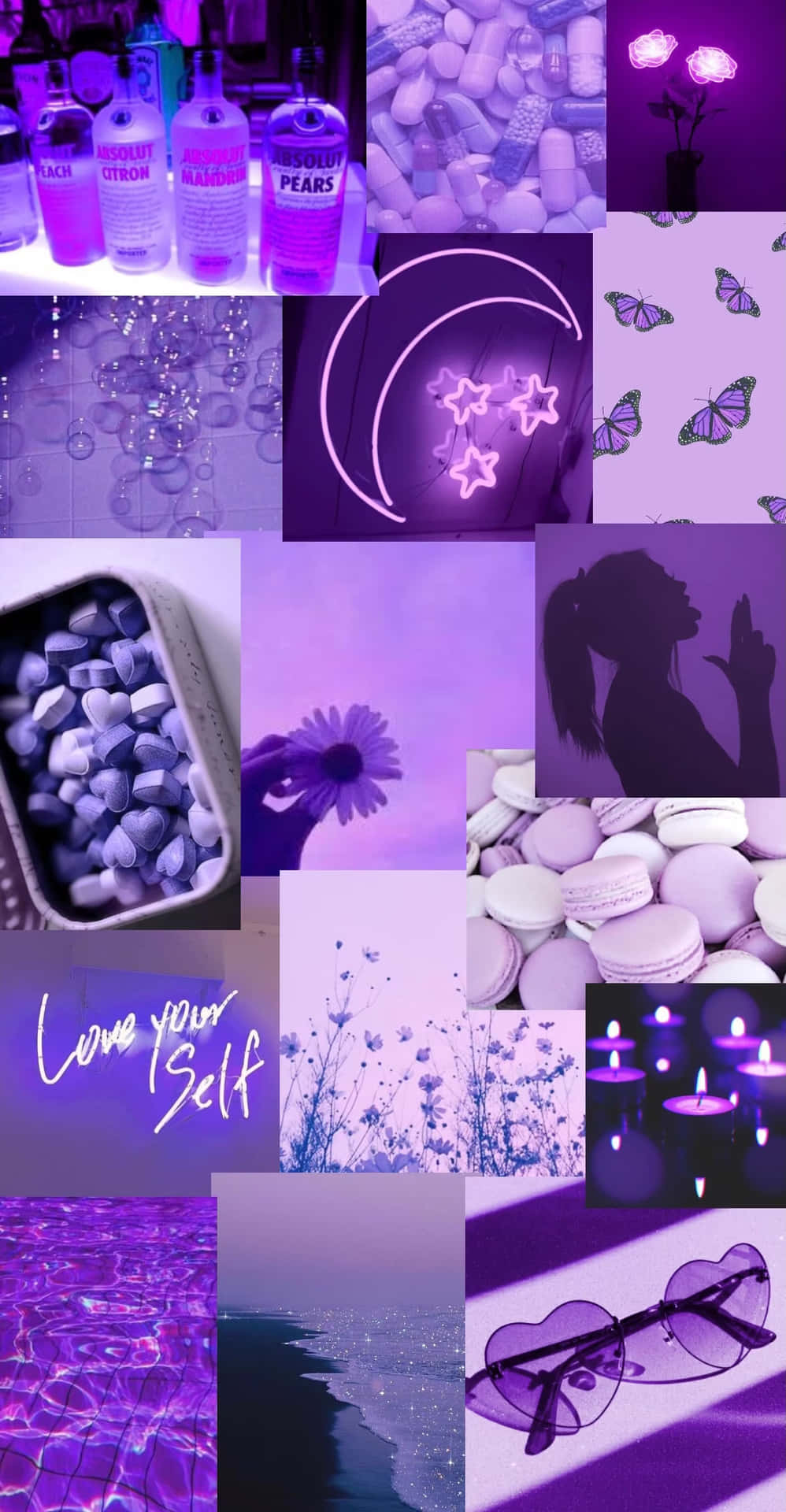 purple collage with pictures of flowers and glasses