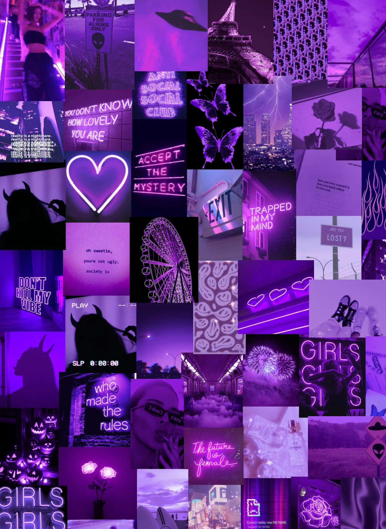 a purple collage with many pictures and images