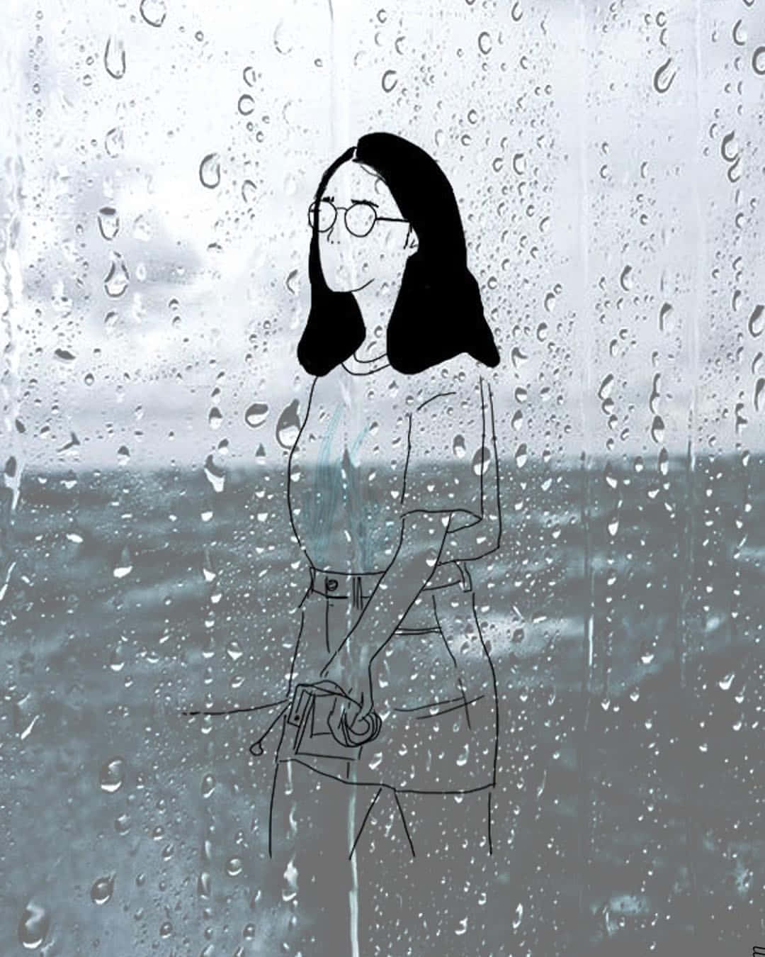 En pige står foran et vindue med regndråber Wallpaper