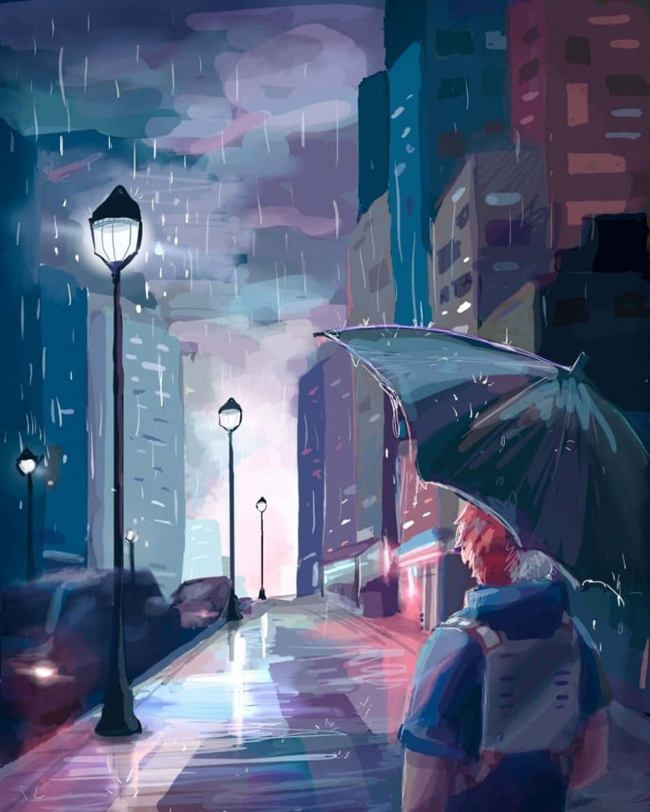 Aesthetic Anime City Boy In The Rain Wallpaper