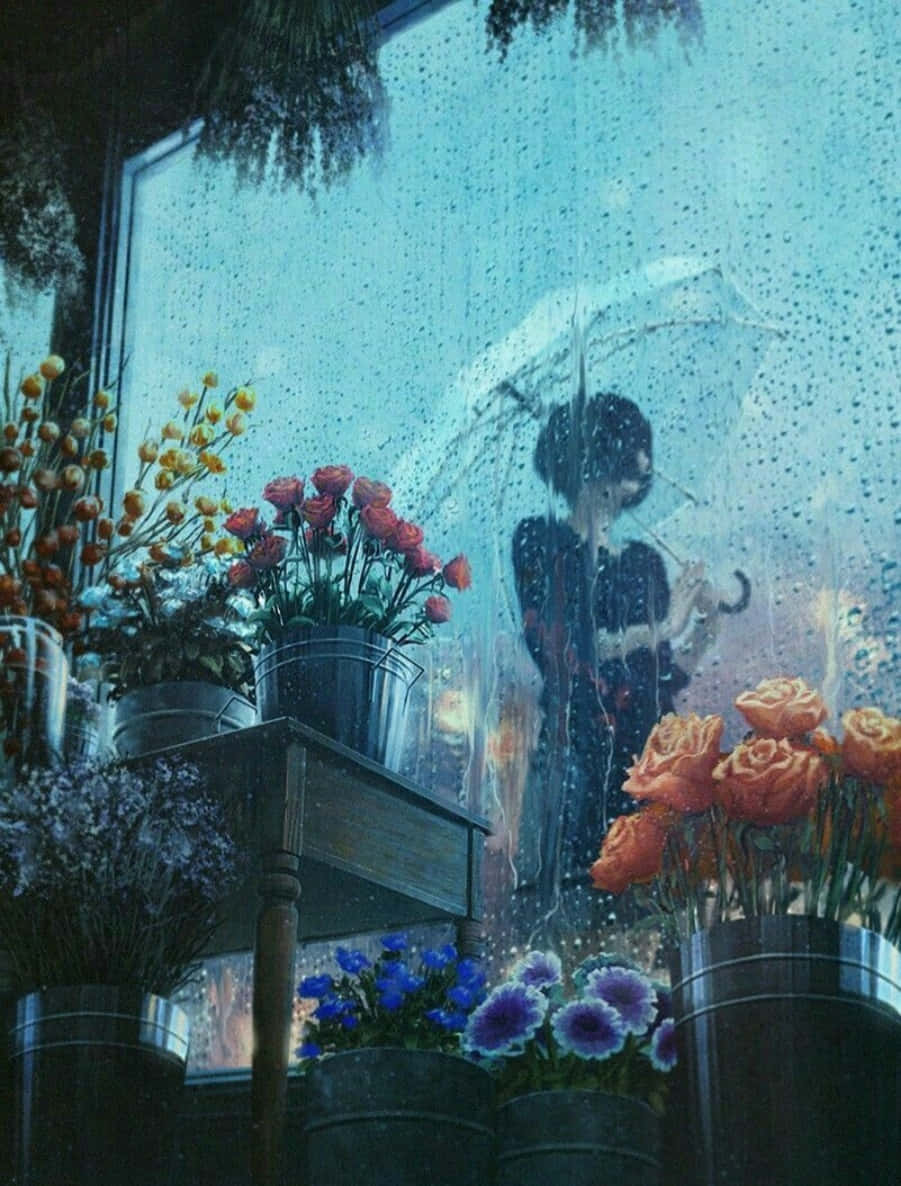 Download Aesthetic Girl In Rain From Flower Shop Window Wallpaper |  