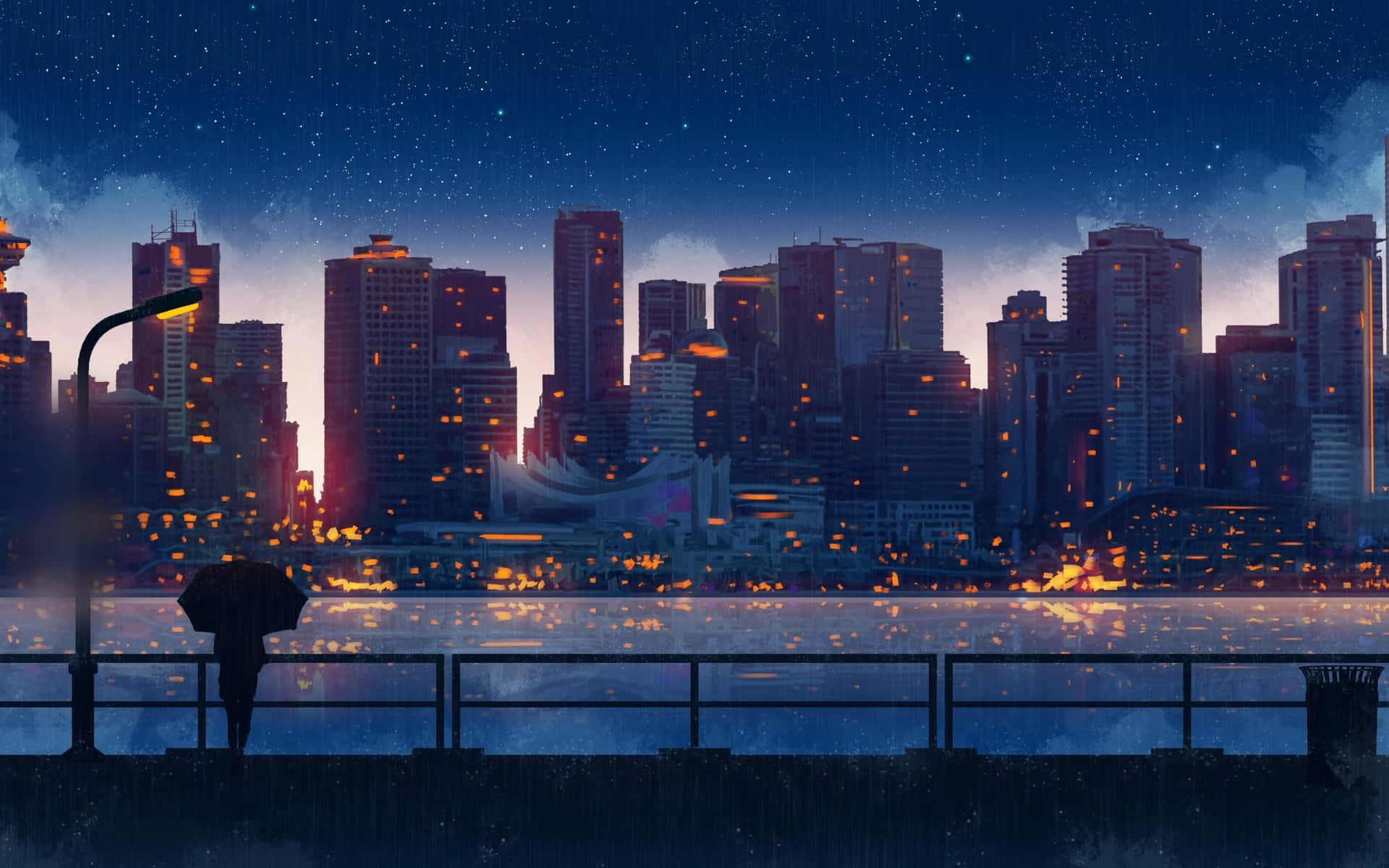 Umhomem Está Olhando Para A Cidade À Noite. Papel de Parede