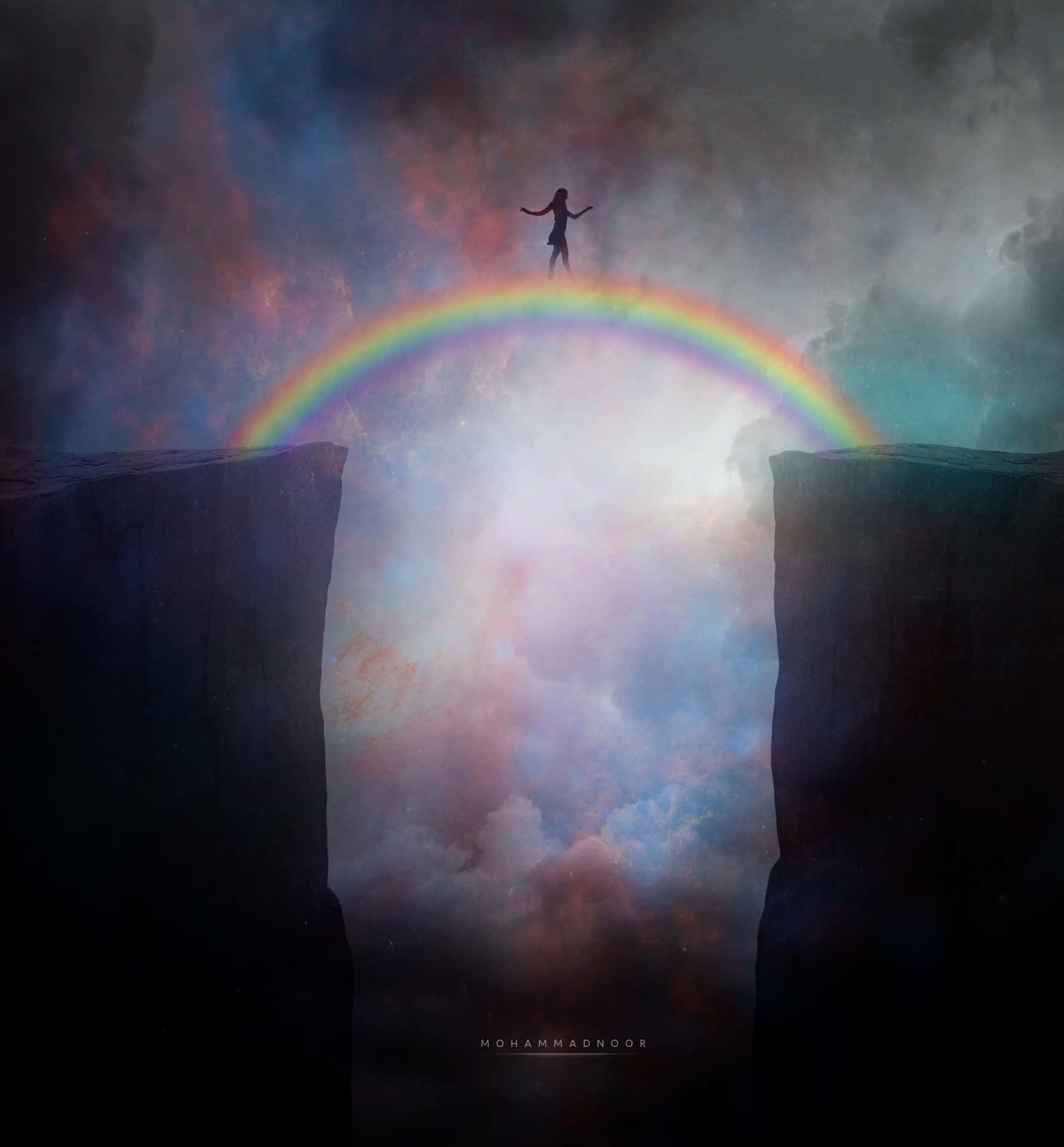 Eineperson Steht Auf Einer Klippe Mit Einem Regenbogen Am Himmel. Wallpaper
