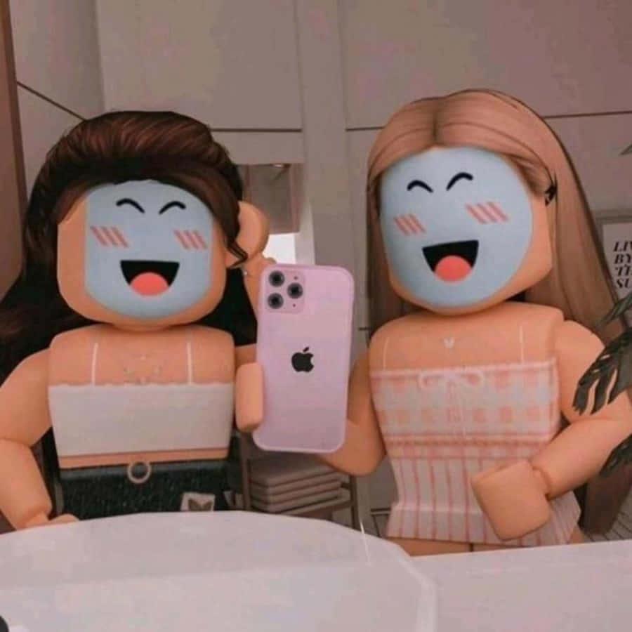 two dolls taking a selfie in a mirror