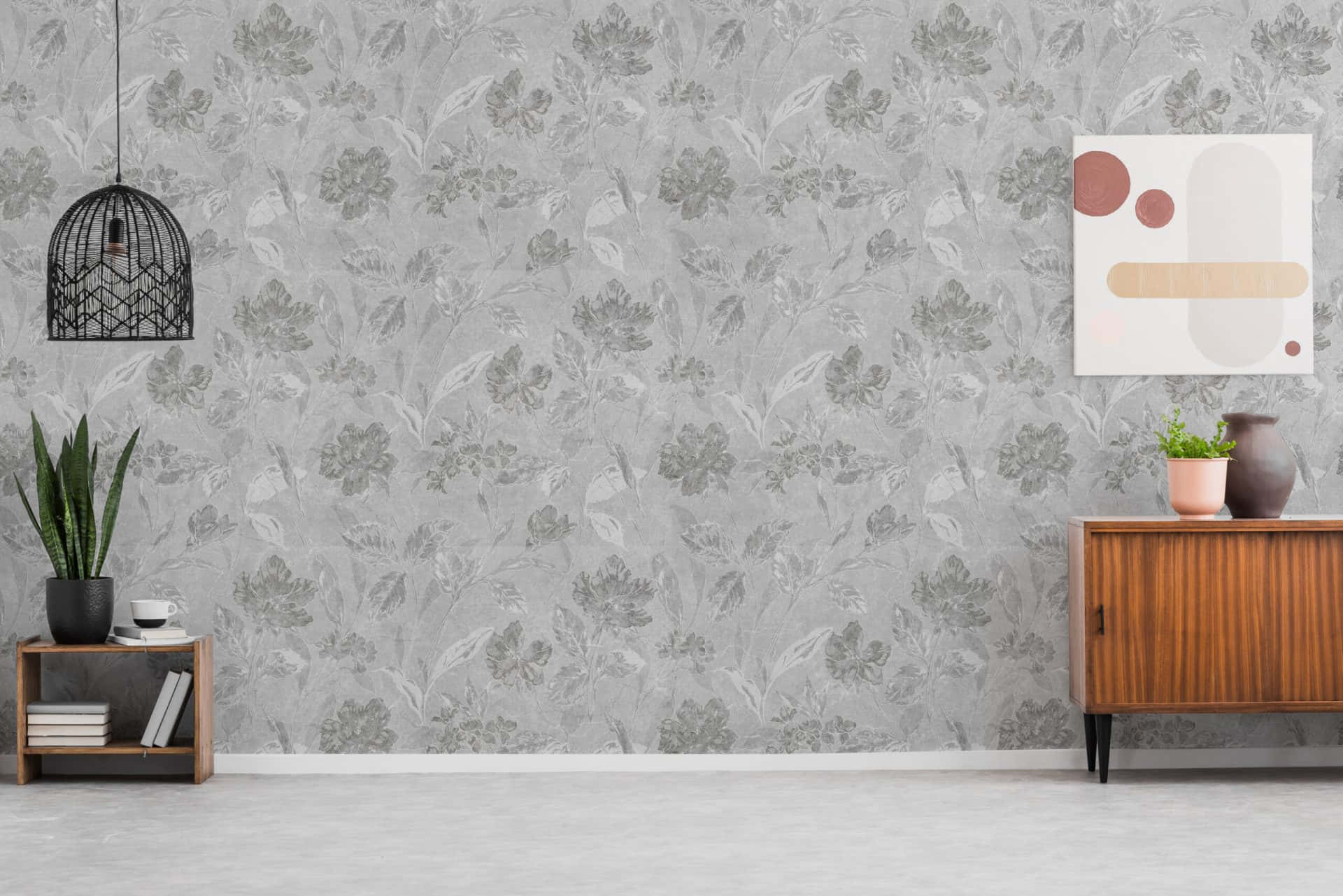 A Room With A Grey Wallpaper And A Wooden Cabinet