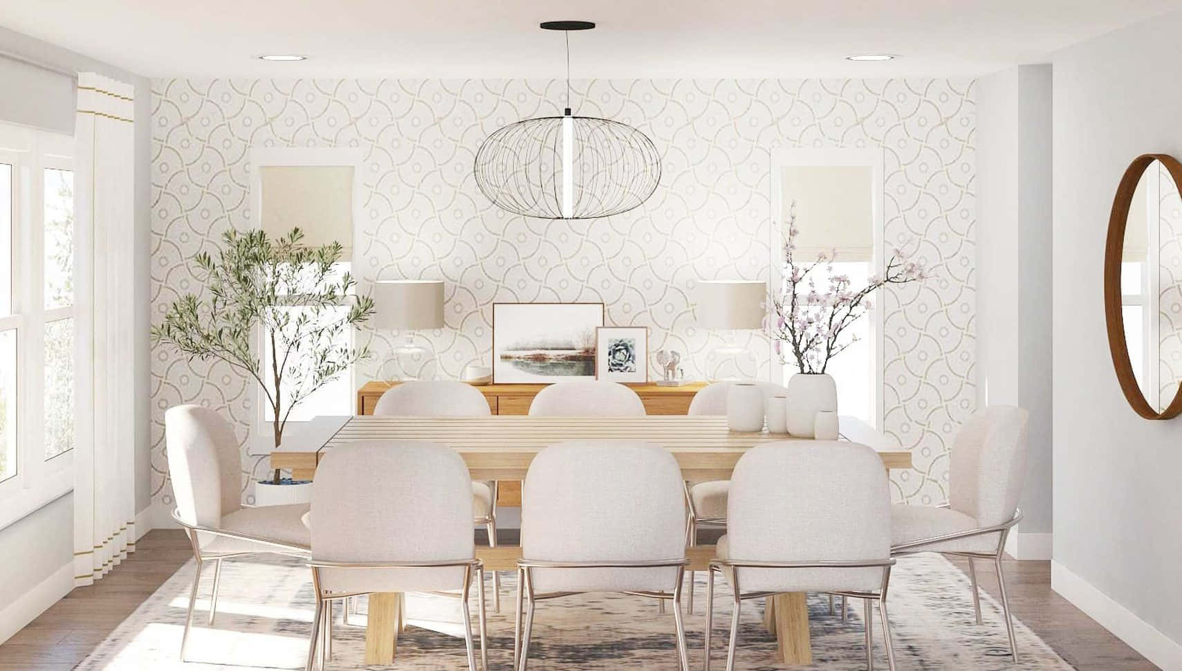 A Dining Room With White Chairs And A Round Table