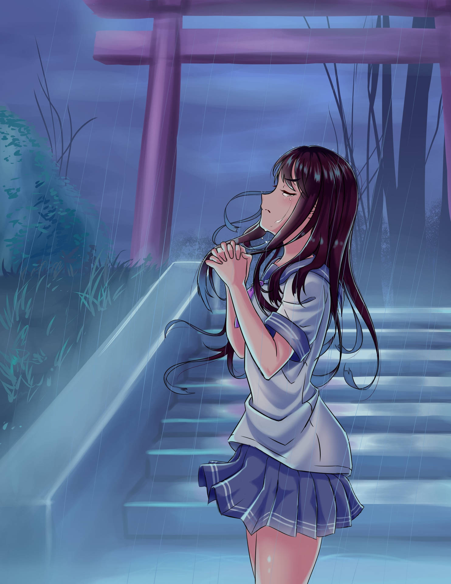 Aesthetic Sad Anime Girl Praying In Rain