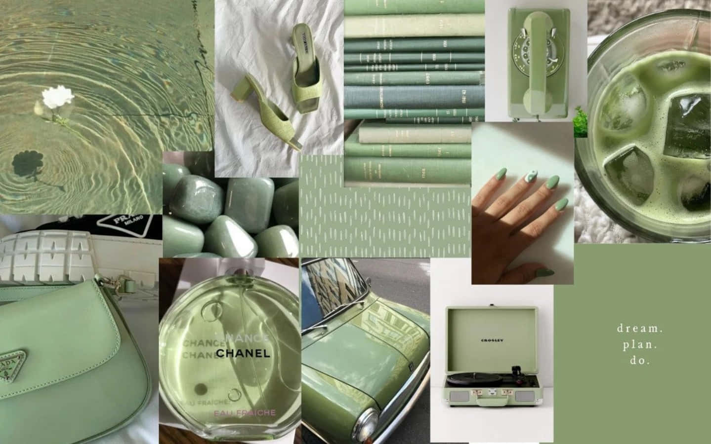 Green And White Collage With Various Items