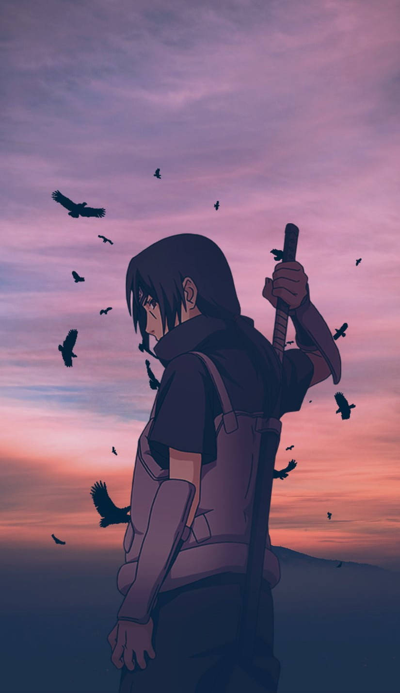 Aesthetic Sasuke With Birds And Sunset Wallpaper