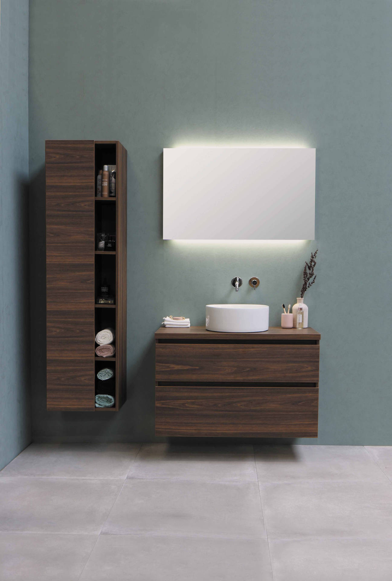 A simple aesthetic wallpaper of bathroom interior design idea with decorative brown wooden cabinets.