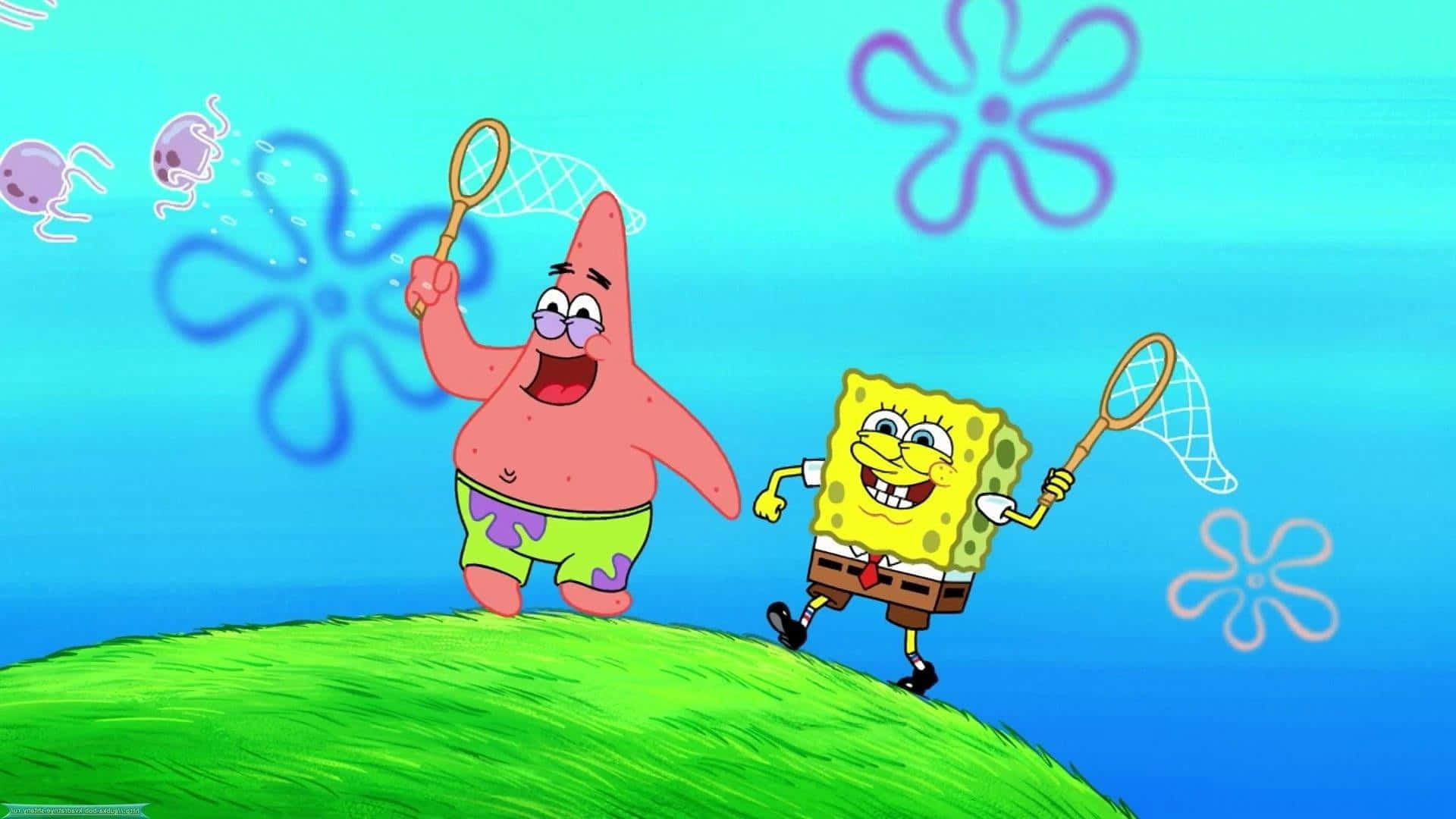 Aesthetic Spongebob And Patrick Catching Jellyfish Wallpaper