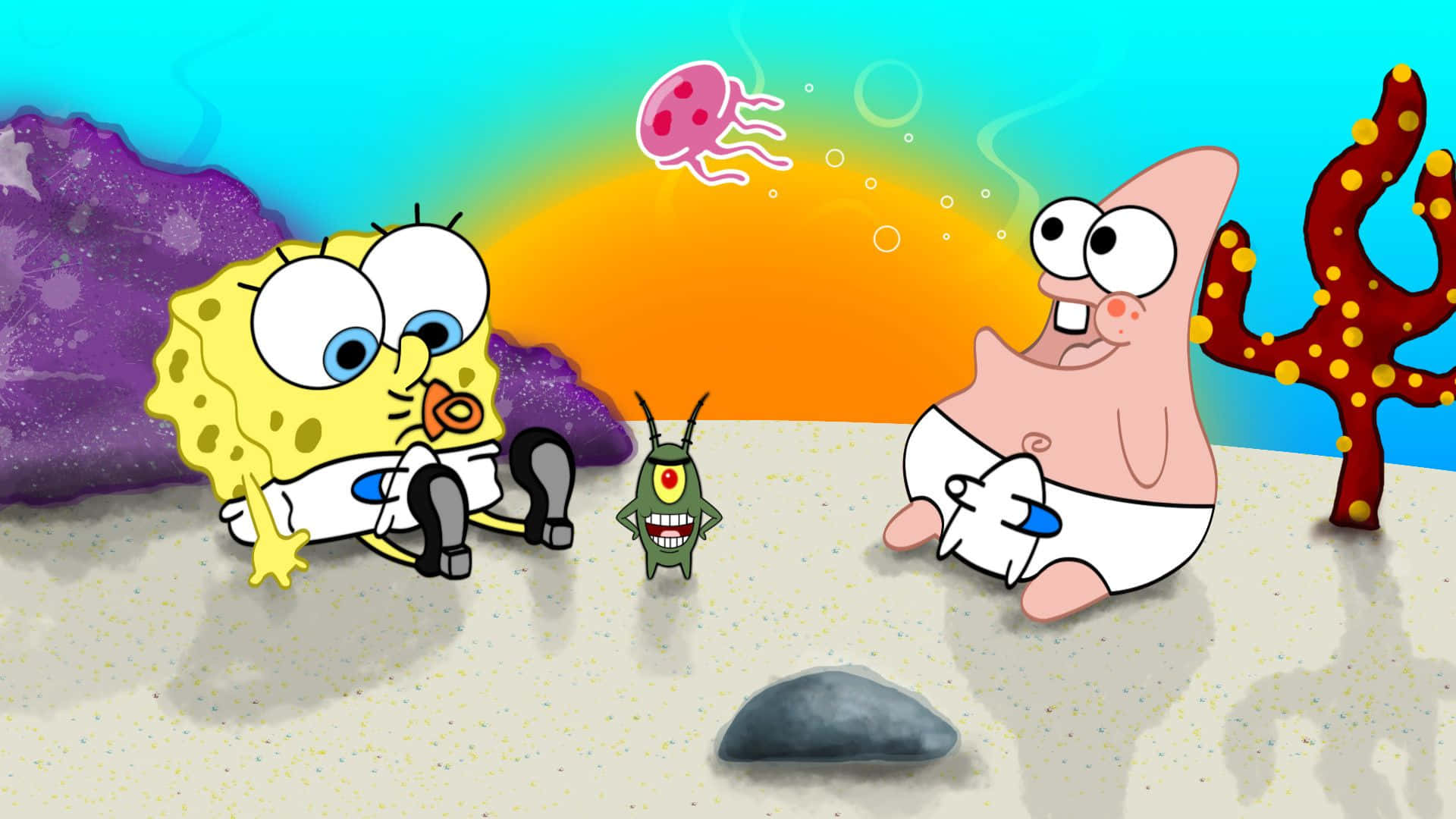 Baby Patrick og æstetisk Spongebob Skrivebords Tapet Wallpaper