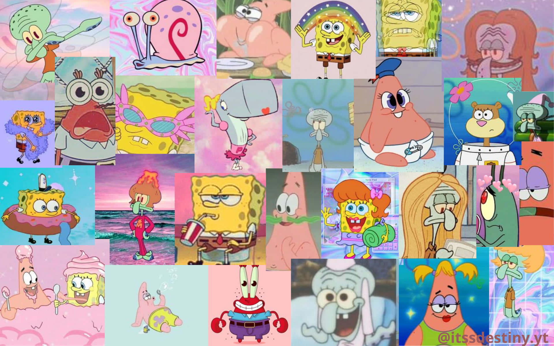 Portátilcon Collage Estético De Spongebob. Fondo de pantalla