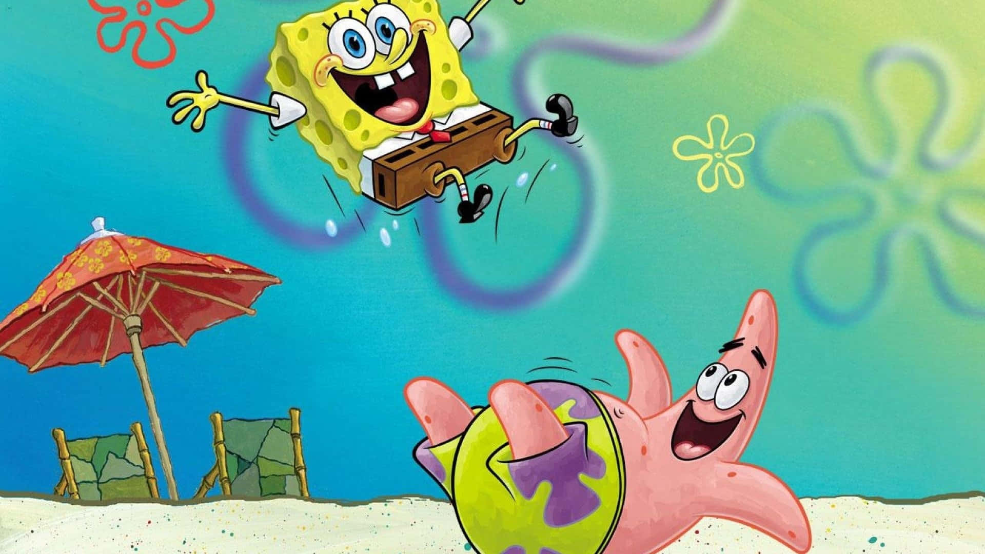Aesthetic Spongebob Jumping With Patrick Laptop Wallpaper