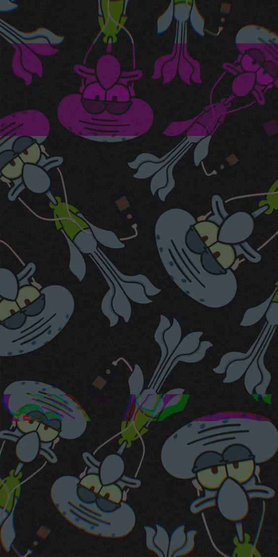 A Black Background With A Pattern Of Cartoon Characters Wallpaper