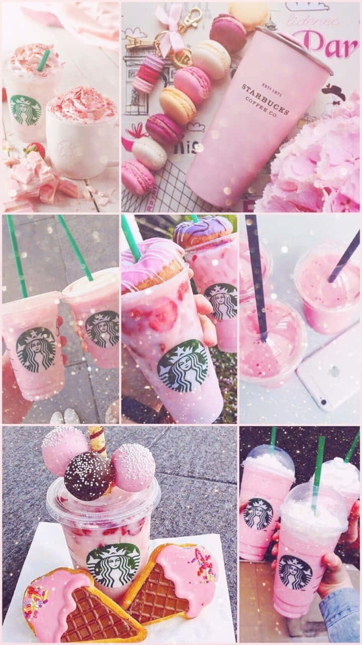 Aesthetic Starbucks Iced Coffee Pink Drink Collage Wallpaper