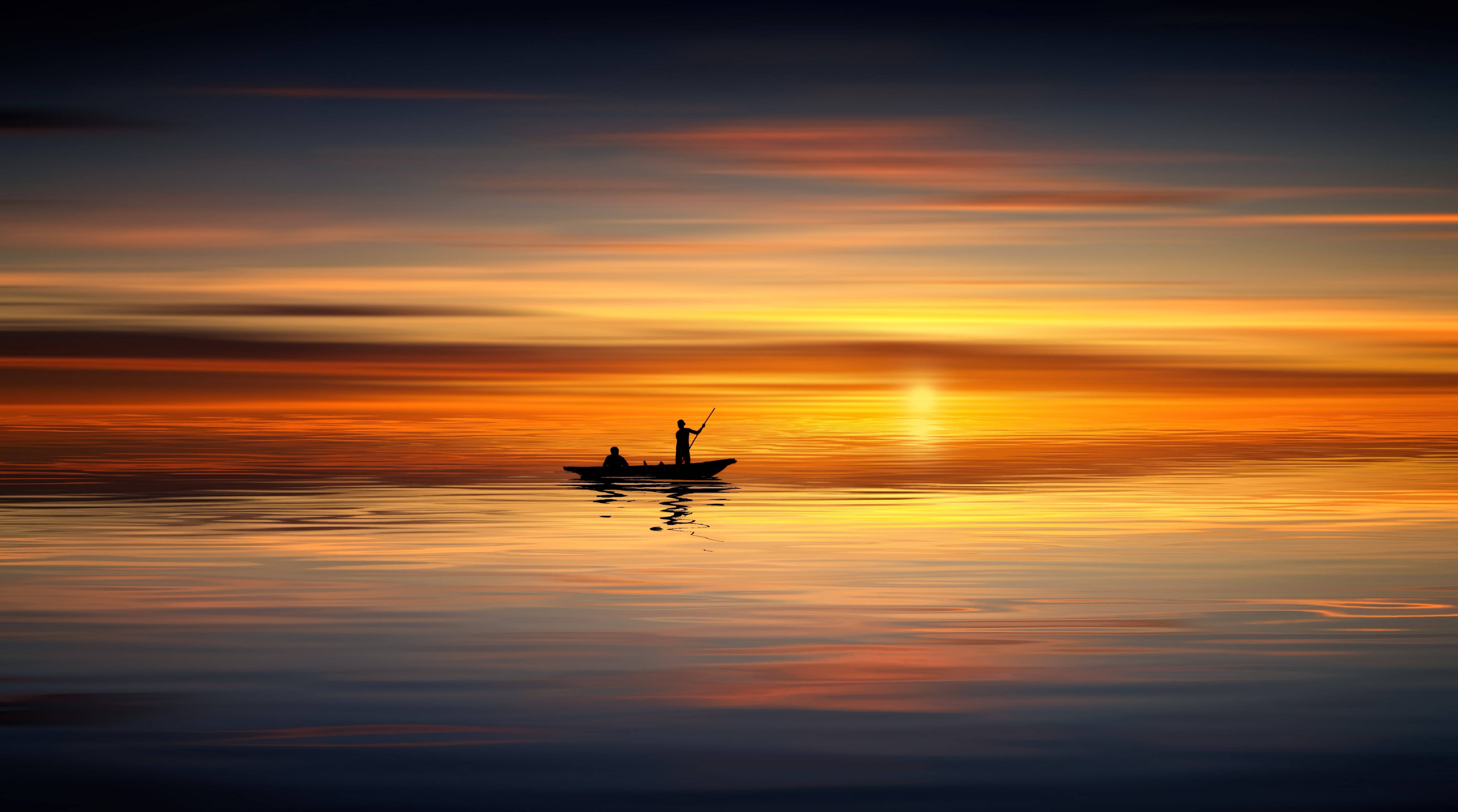 Aesthetic Sunset With Man On Boat Silhouette Wallpaper