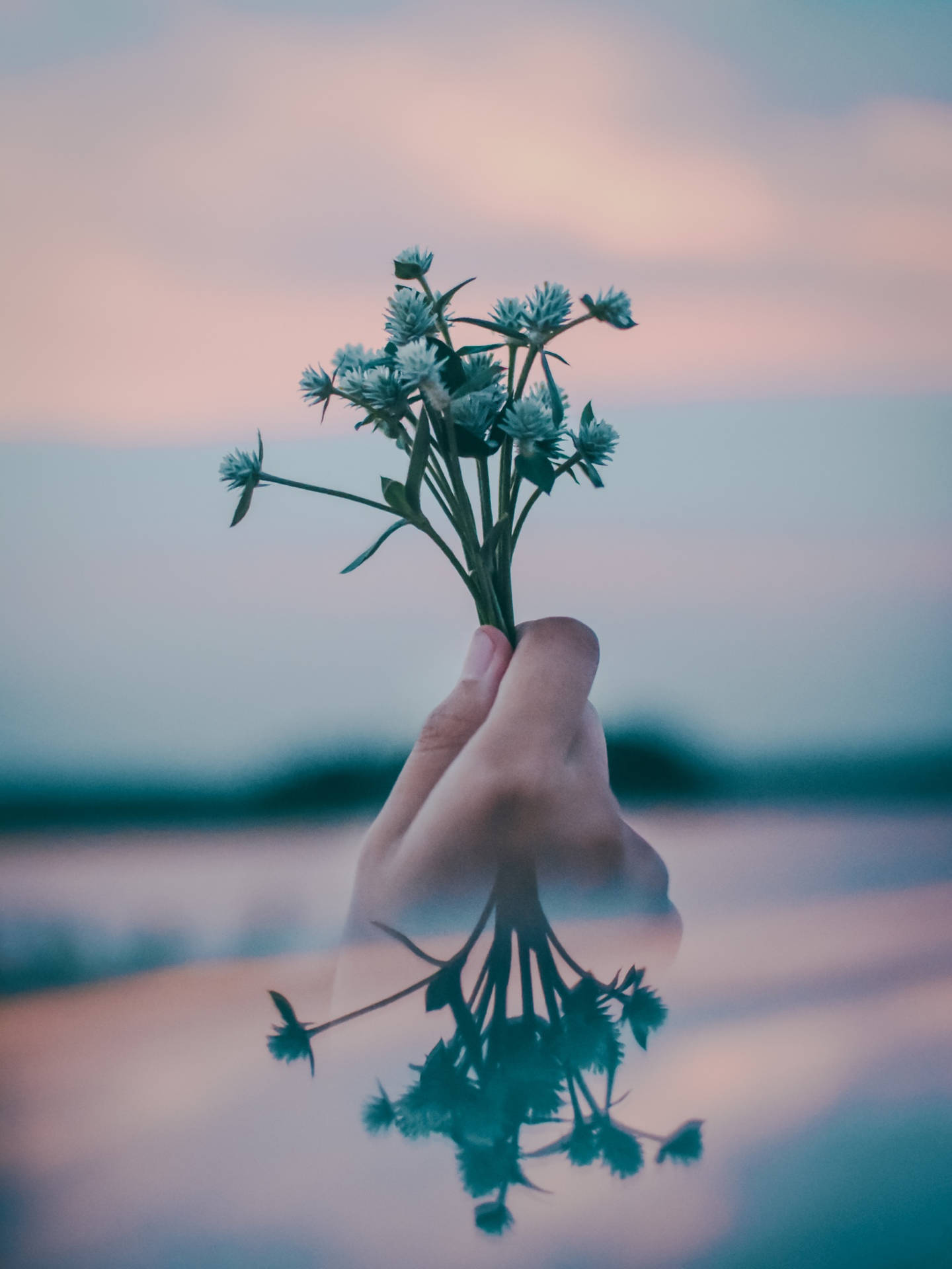 Aesthetic wallpaper of blue tiny flowers in hands in pastel sky. 
