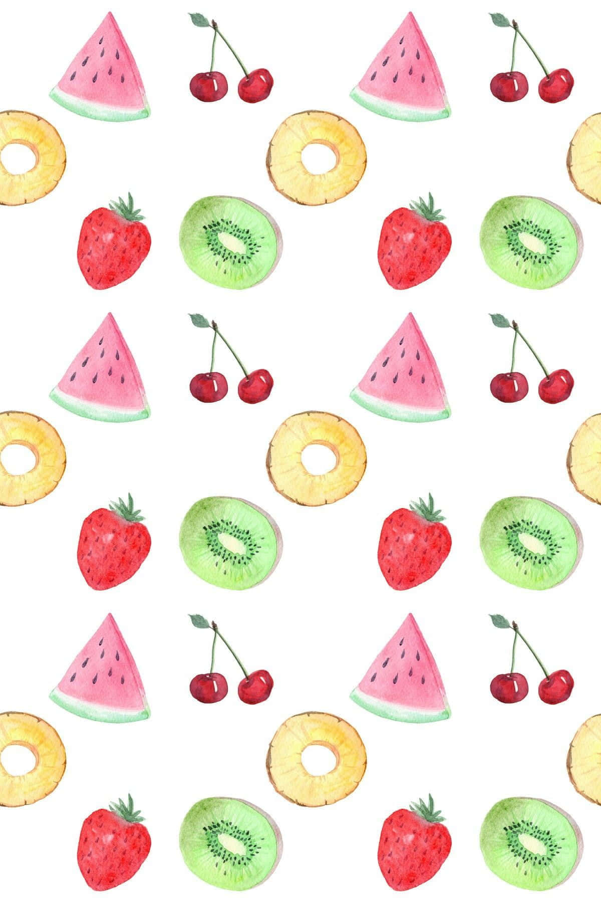 Et mønster af frugt og bær sprøjtet i en lys gul baggrund. Wallpaper