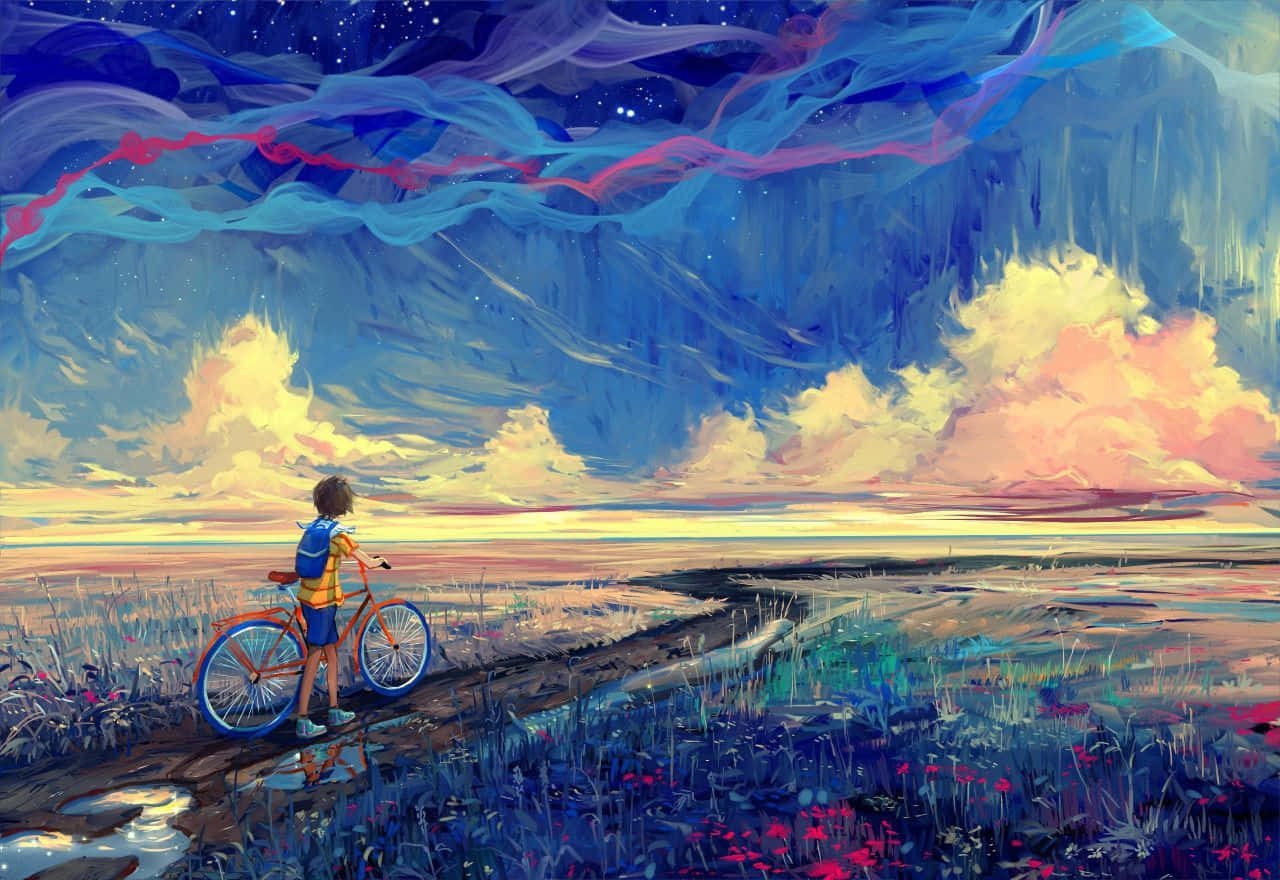 En person kører på cykel i en mark af vilde blomster. Wallpaper