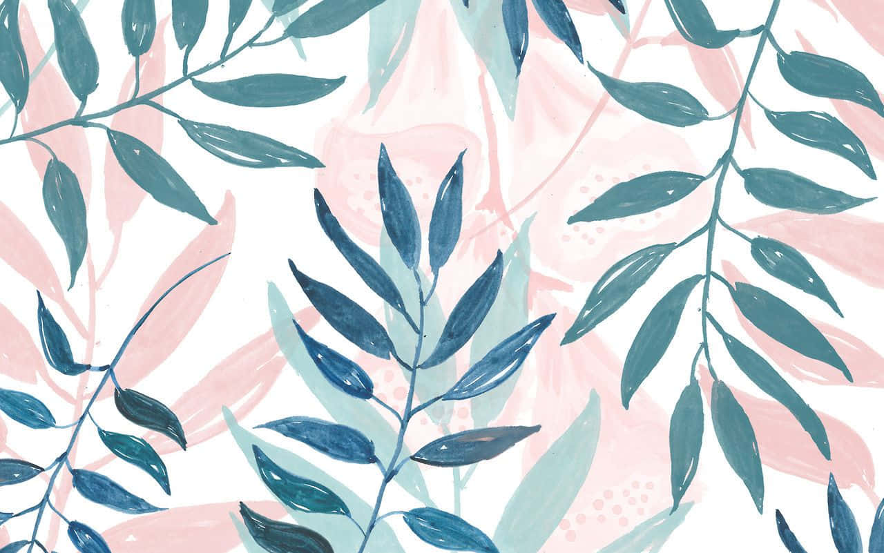 A Watercolor Pattern With Blue And Pink Leaves Wallpaper